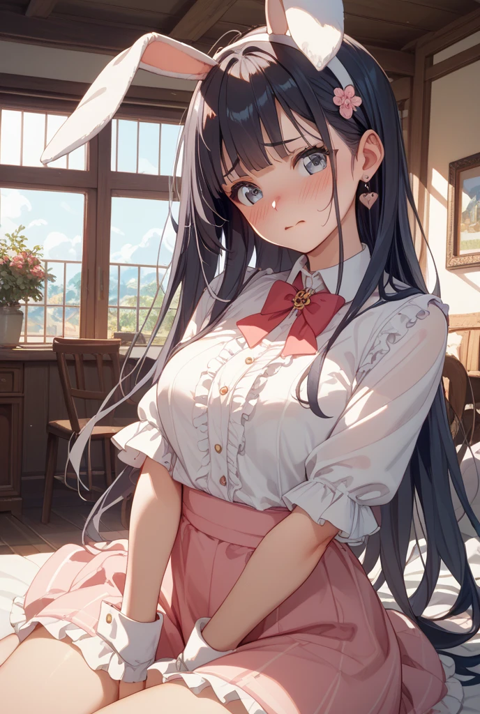 ((highest quality)),(ultra high resolution),(Super detailed),(detailed description),((best CG)),(best work of art),super precision art,great drawing art,(Art with precise details:1.5), Portrait:1.6,bust shot:1.4,(1 woman:1.5),beautiful and well-shaped face:1.5、 Japanese、girl,Slender、small face、brown eyes、tall、 highres,black hair、long hair、classroom、(white blouse:1.2)、17 years old、Are standing、Mature