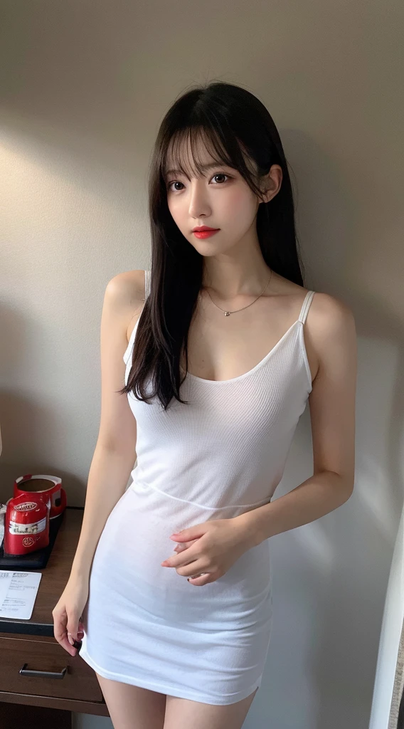 Generate a white Korean girl in hot very small black dress sitting on a bed
