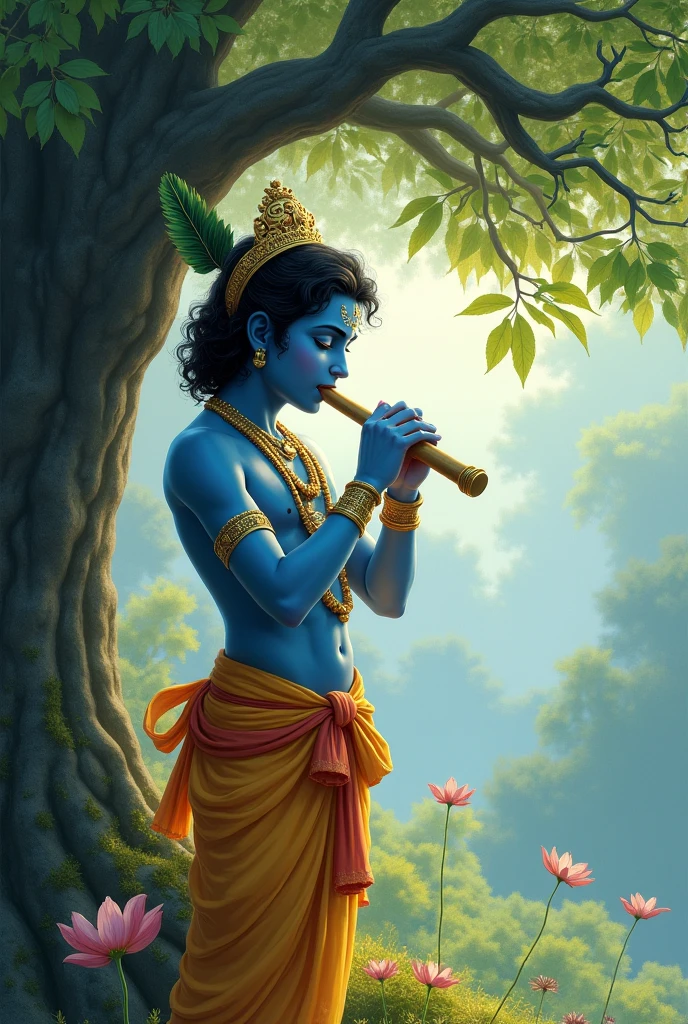 Krishna sitting under the tree and playing flute with there nearby cows