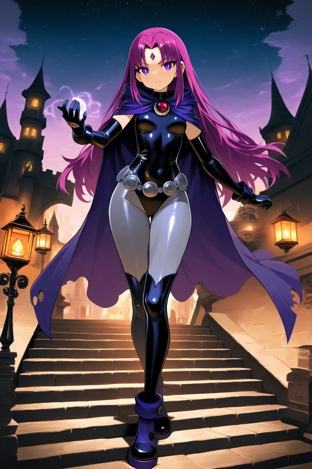 Dominatrix cyber Batwoman wearing a skin-tight uniform stsapph2024 in a dark and sinister narrow alley under a dim street light, (cyberpunk style), Evangelion style, mecha, (sensual pose with her hands on her waist), (rainy night with fog), Batgirl, bodysuit, toned body, wide hips, Allan Moore, DC Comics, gothic setting, Gottam City, photorealistic, 8k, realistic shadows