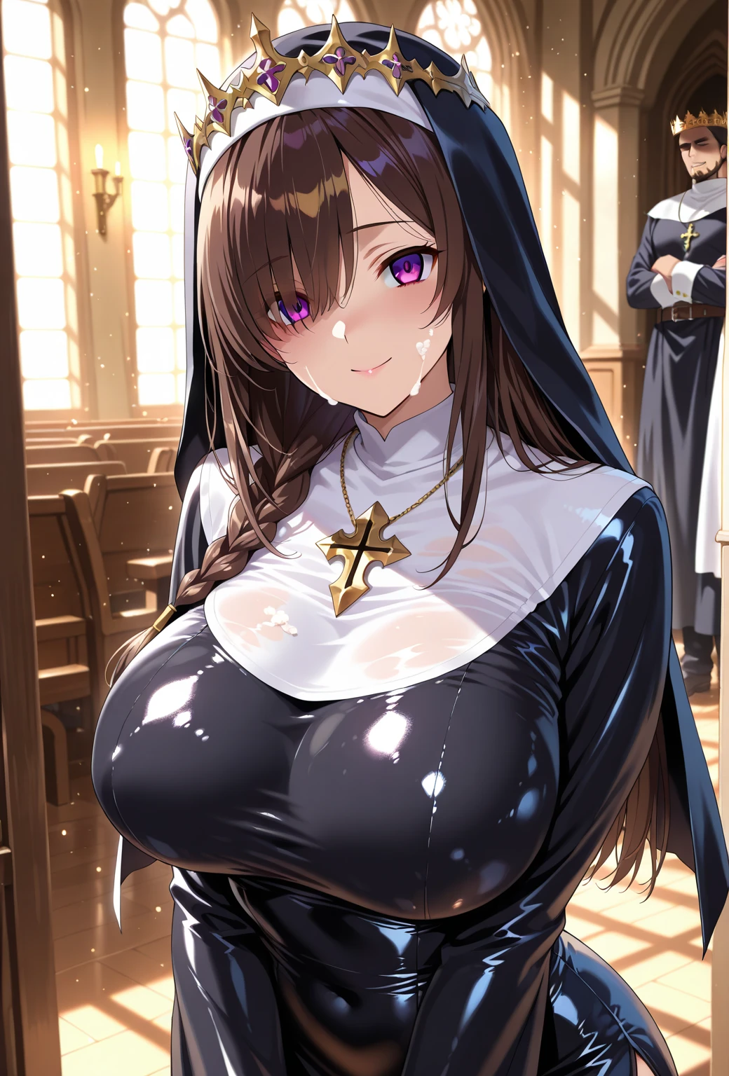 (((Maiden of the Sword))),(Priest),(saint),((Correct Anatomy)),highest quality, High resolution, (Beautiful legs),(Beautiful legs),church,Intense masturbation, blush, Embarrassing, smile,The whole body is sweating,Big Breasts,Ahegao,(Knee-high socks),((Spread your legs wide、Open both knees)),((Blindfold))