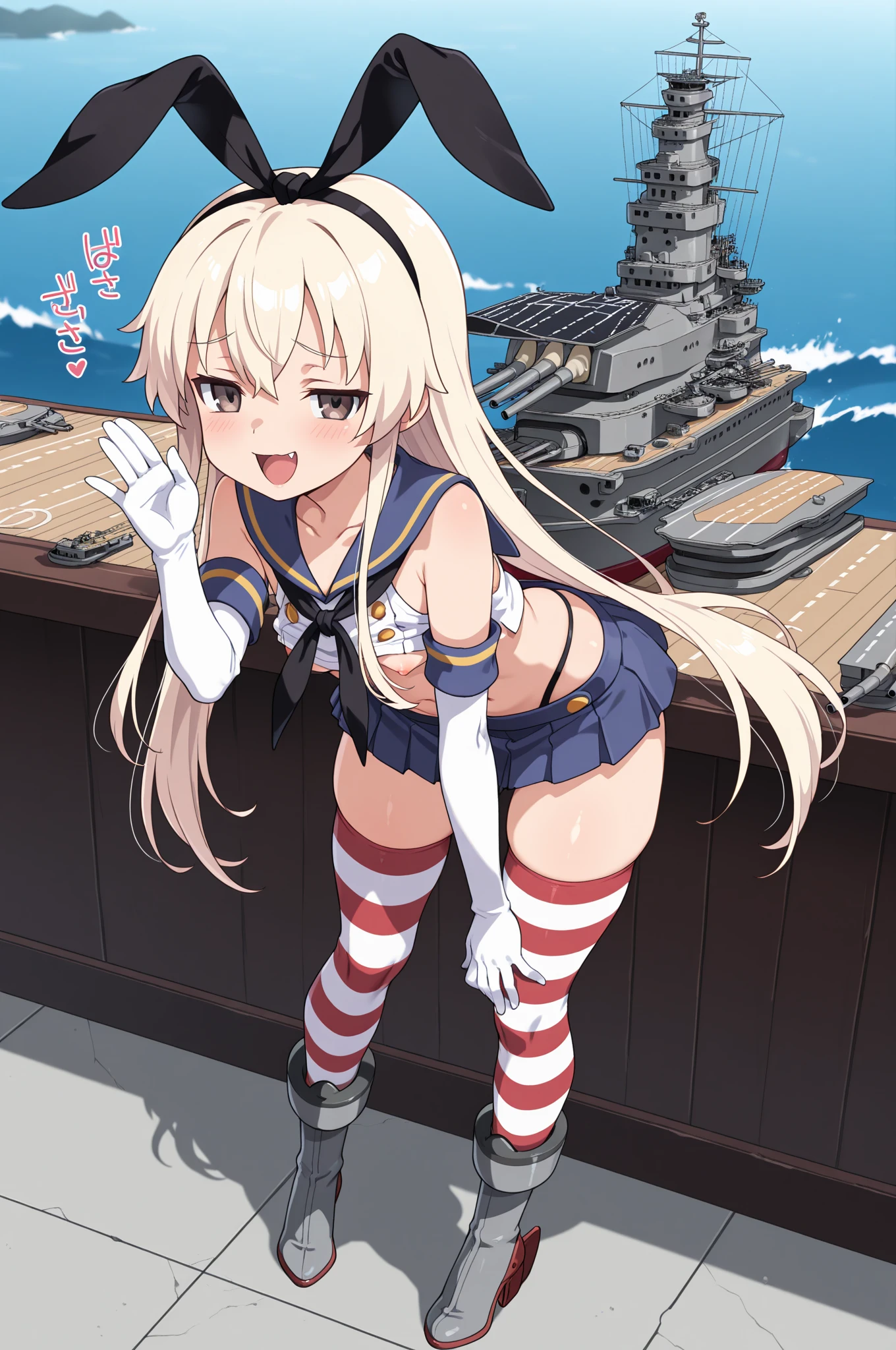 (masterpiece, best quality), 1girl, skancolle, grey eyes, hairband, blonde hair, serafuku, neckerchief, crop top, gloves, elbow gloves, white gloves, navel, blue skirt, thighhighs, striped, striped thighhighs, stand, hands up