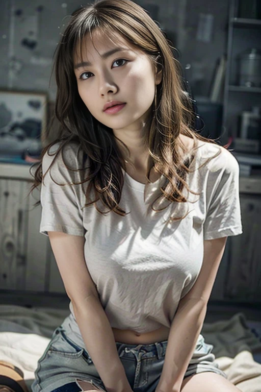 masutepiece, Best Quality, 8K, 18 yo, (:1.2), Open your mouth and say something, kitchin, cute little, Solo, sad, Full body, Cute, Girly, Delicate girl, Neat and clean beauty, Raw photo, Professional Photography, Portrait, Soft light, Professional Lighting, Back lighting, Sophisticated, Film grain, (Eyes and faces with detailed:1.0), medium length floating hair , Beautiful flowing hair, collared white shirt