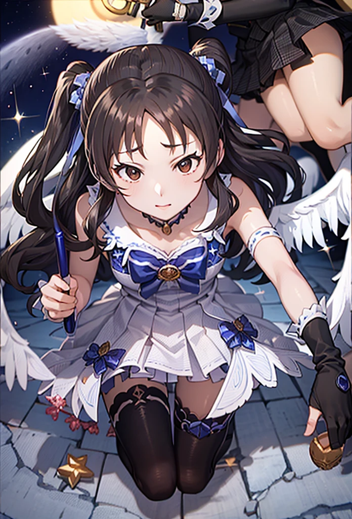 girl、The exact number of fingers、Exact number of legs、Exact number of arms、bangs, long hair, brown hair, (blush:1), (Put one hand in your panties:1.8), fingering, (pussy juice:1.2), cum in mouth, (A woman is holding a microphone and is about to sing:1.5)、white and navy idol costume, The costume has a ribbon attached to its collar..、It is a costume that covers up to the shoulders., side, upper arm, and arms., That costume only opens wide at the chest..、high socks、white idol style skirt, (Underwear with elaborate and luxurious decorations:1.3), Ribbon at collar., (white and light blue striped panties:1.3), white lace bra:1.2), sexy underwear,, The skirt is rolled up, highly detailed face, perfect lighting, Very detailed CG, (perfect hands, perfect anatomy),embarrassed look、sing, singer, smile, open mouth、look up、climax、whole body