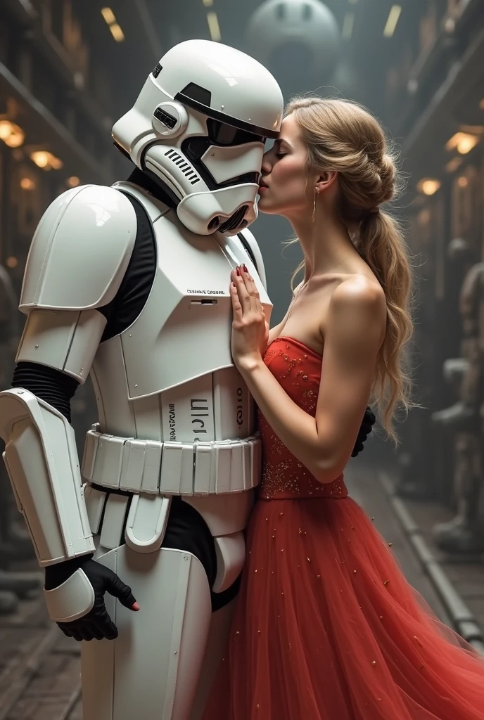 Emilia Clarke as Qi'ra kissing to Darth Maul, sitting in a futuristic throne, wide open eyes, left boob expose, wears a mini red dress with a deep cleavage, frigtened, in a dark side futuristic room, misterious, masterpiece, 8k