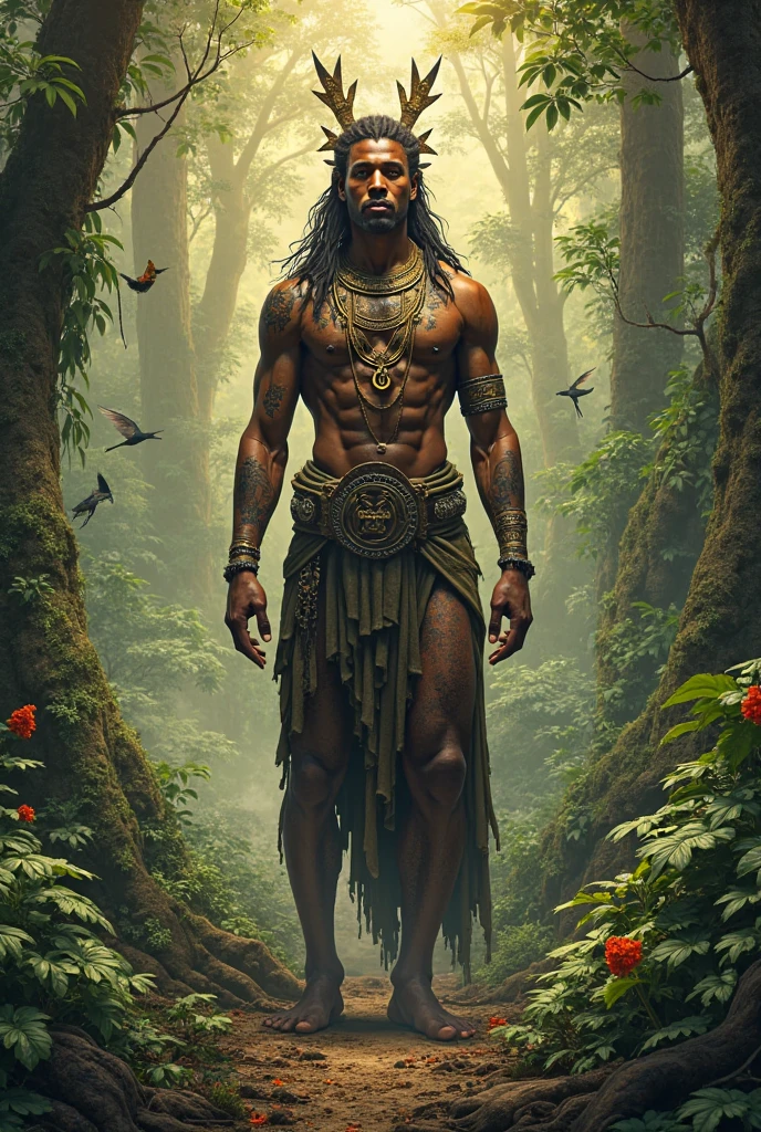 Tribal tattoo of a man walking out of a forest