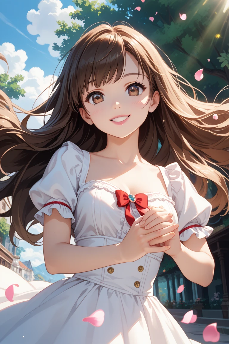 photoRealstic、Stand in front of the photo、laugh face、Water droplets on the cheeks、kawaii pose、spreading arms widely、Flowing Red Silk、bustup、Hibiscus petals、Blurring、brown haired、blue-sky、depth of fields、season!!: 夏☀ 🍂 ハイビスカス