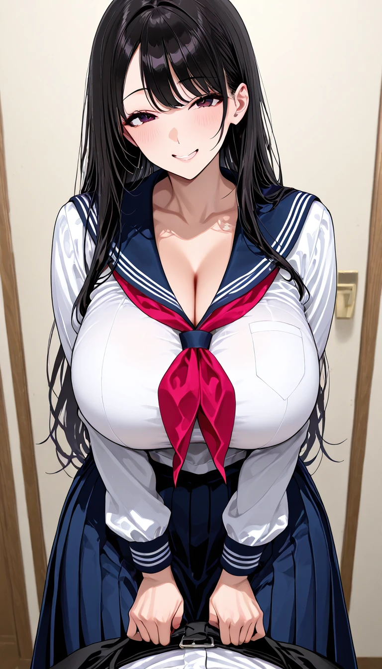 (8K, highest quality, table top:1.4), (intricate details:1.3), (realistic), (super detailed), 1 girl, alone, （married woman、40 generations）、Beautiful woman、mature woman, (Sensual smile:1.35), Front view, (leaning forward:1.2), show cleavage, looking at the viewer, tropical resort, detailed long hair, (fluffy long black hair), fine eyes,, hourglass body shape, (Sensual curvy body:1.1), (huge breasts), thick thighs, wide hips, small waist、( uniform)，(sexy sailor suit )，(pleated mini skirt)、realistic lighting, natural soft light, dynamic lighting