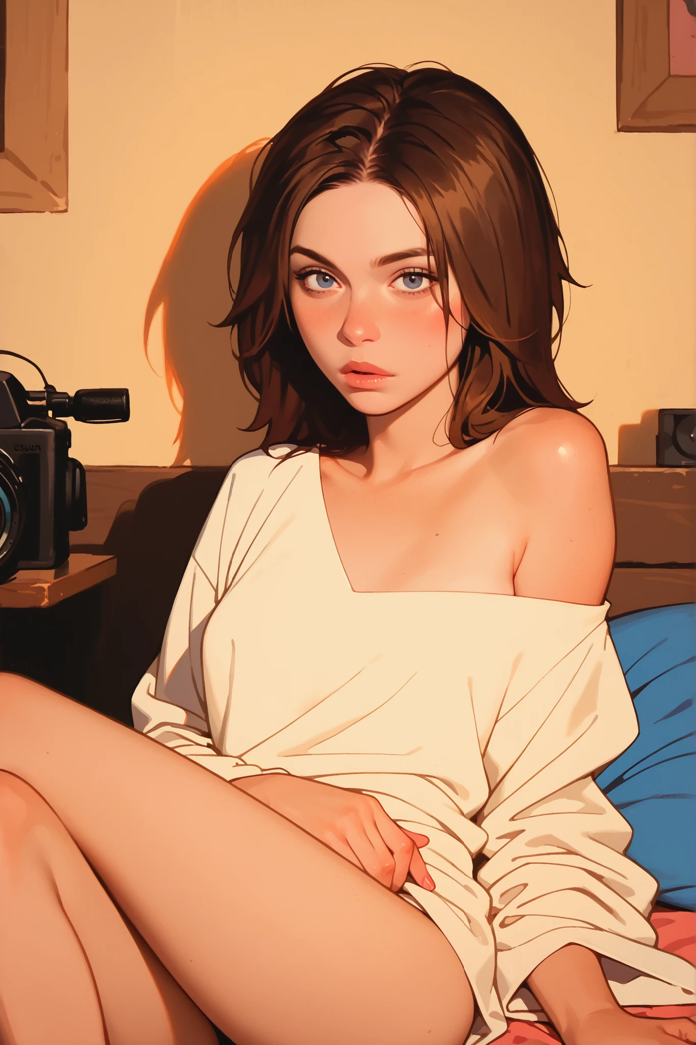 Bonnie rockwaller from disney series,  brunette hair,  brown skin, sitting on a bed in an oversized white shirt, one side slipping off her shoulder, revealing her chest partially, looking straight into the camera with a teasing gaze, soft natural light, sensual pose, intimate mood
