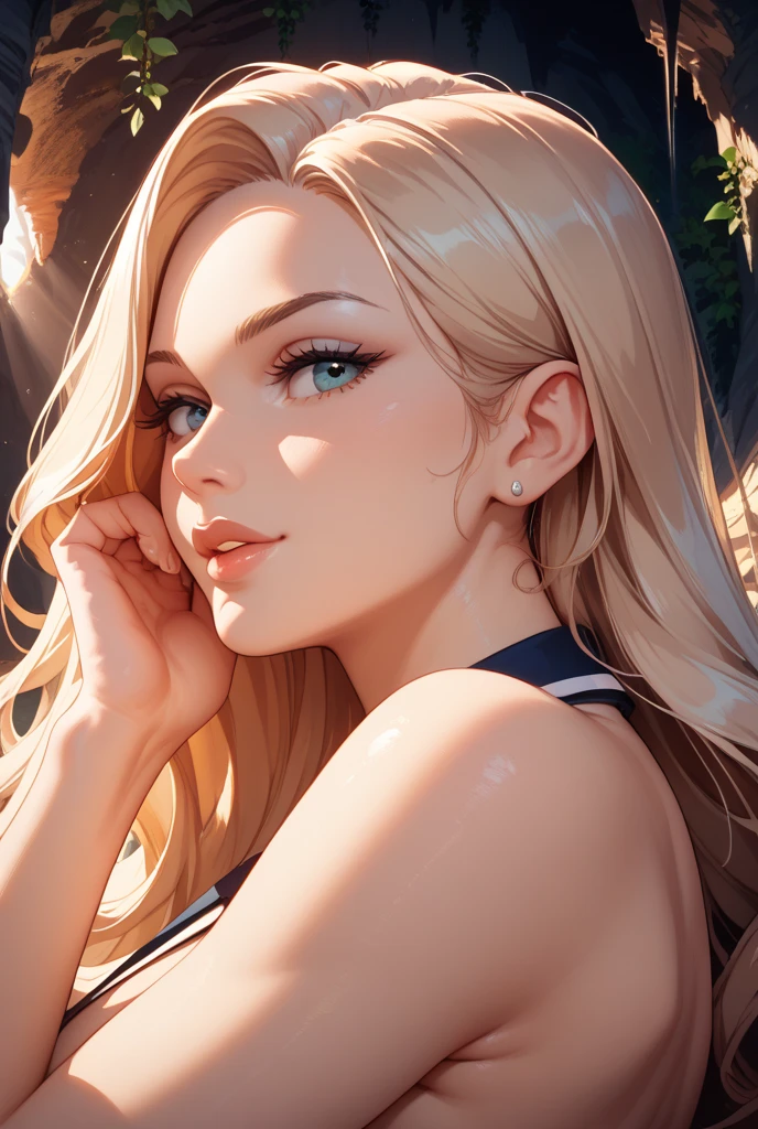realistic, 1girl, blonde hair, big breasts, glowing eyes, parted lips, blush, sunset, , sun, sunlight, bloom, super detailed, languid face, holding a pen