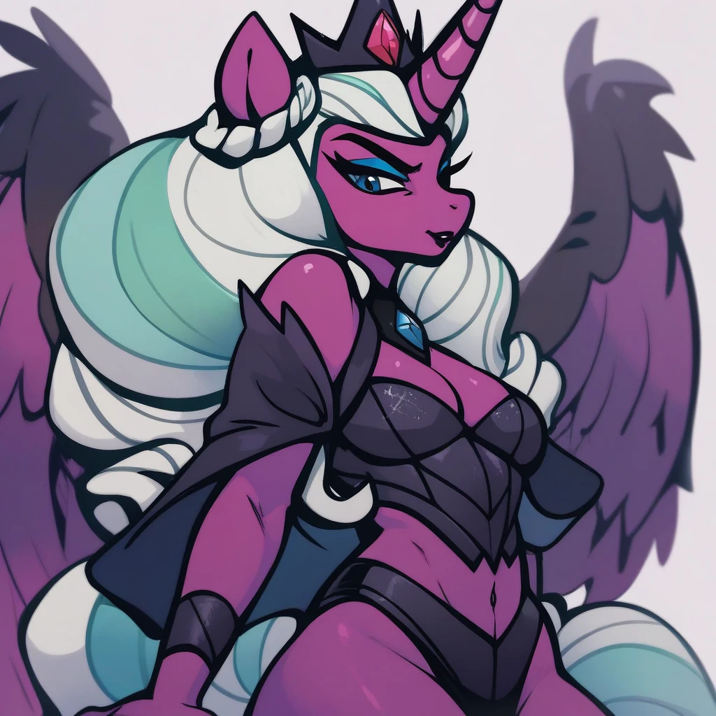 Alicorn princess, white mane,black sclera ,black body color long flowing mane pink heart eyes anthro thicc thighs huge breasts naked, pussy sex spread legs