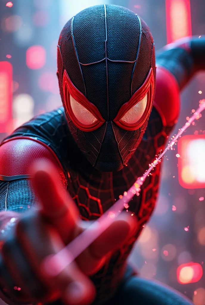somber portrait of Cosmic Spider-Man from Marvel Comics with intricate angular cybernetic implants inside a brutalist building, gothic brutalist cathedral, cyberpunk, award-winning photo, bokeh, neon lights, cybernetic limb