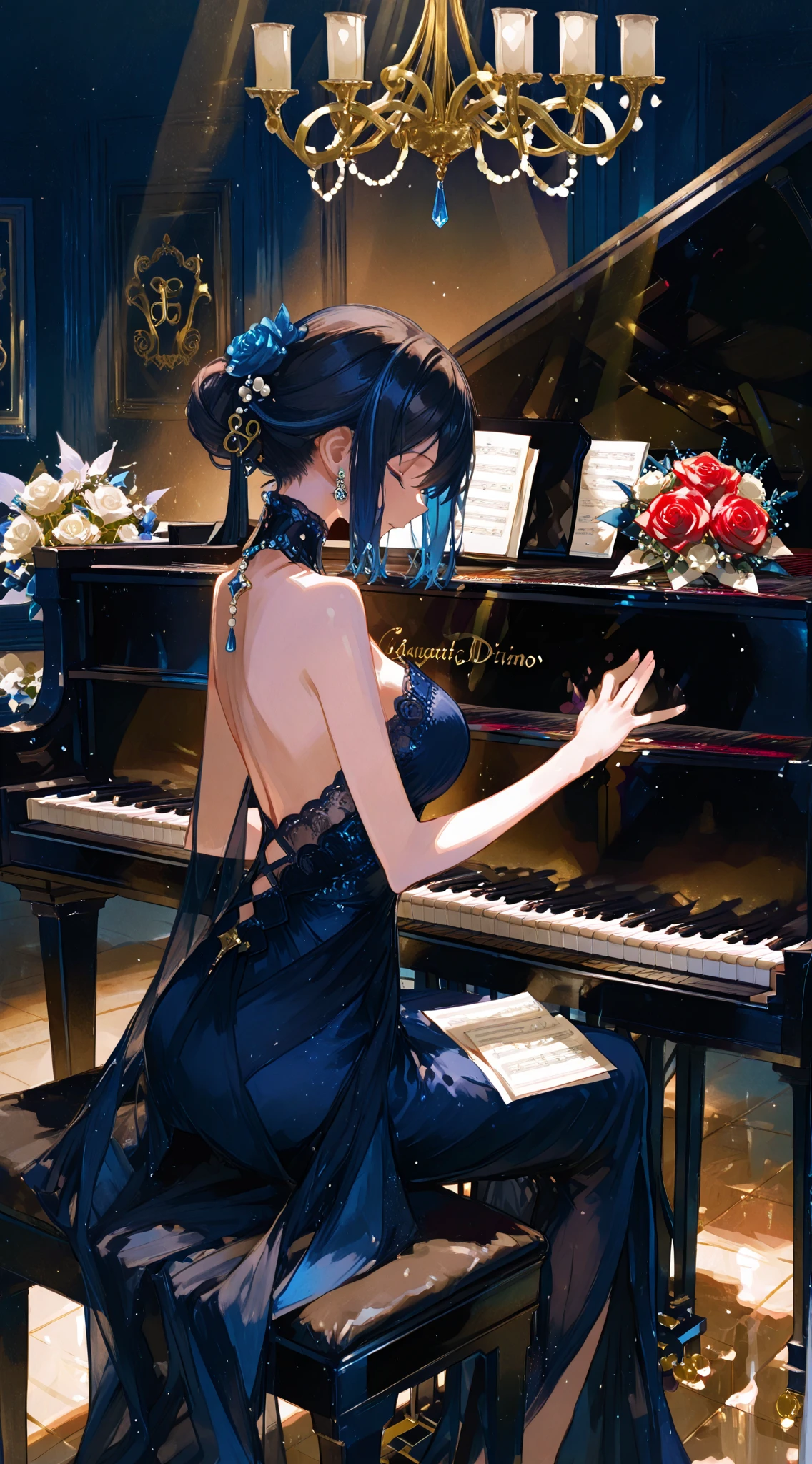 (best quality,4k,8k,highres,masterpiece:1.2),ultra-detailed,(realistic,photorealistic,photo-realistic:1.37),grand piano,shiny black surface,ornately carved legs,gleaming white keys,elaborate gold accents,melodious music,impressive stage setup,professional pianist,gorgeous concert hall,enthusiastic audience,dramatic lighting,gentle spotlight,focused pianist's hands,splendid performance,harmonious melody,vibrant music notes,captivating atmosphere,elegant musician,great passion,perfect technique,powerful emotions,artistic interpretation,expressive facial expressions,graceful body movements,fascinating music compositions,sweeping melodies,fast-paced rhythm,gripping performance,synchronized ensemble,inspiring solo piece,beautiful stage decorations,sophisticated backdrop,starry night sky,soft moonlight streaming through windows,magical ambiance,intricate patterns on the floor,colorful stage costumes,enchanted audience,overwhelming applause,standing ovation.