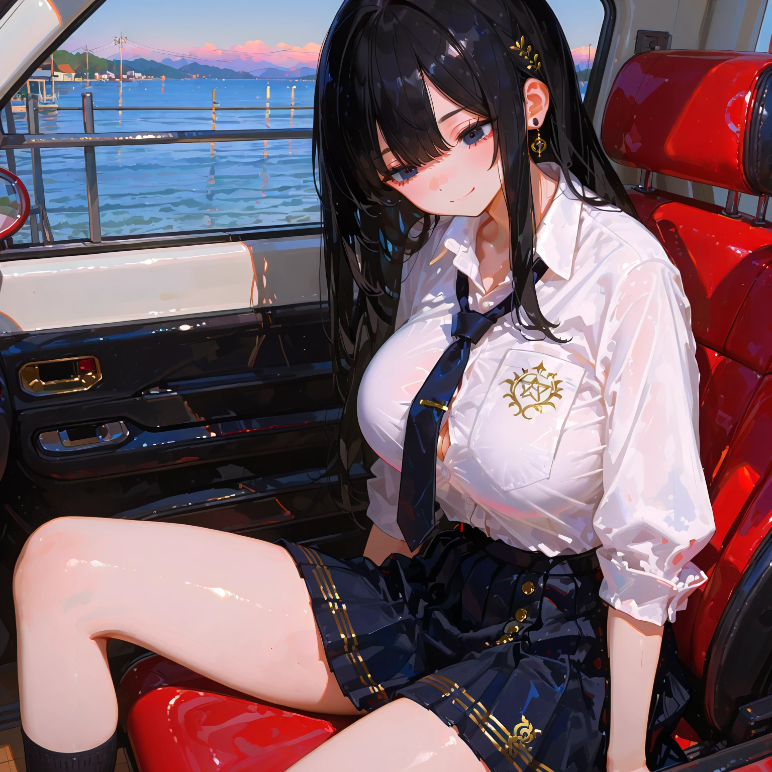 (The best quality,4k,High Resolutions),(realist:1.37),Saekobusujima,Shy and blushing,sexy,crossed arms,wet transparent uniform,Black lingerie,Short skirt,Long black stockings,wet,soggy,sitting in a boat,water,(Photo ),

(whole body,anime),(vivid colors),(Soft lighting)