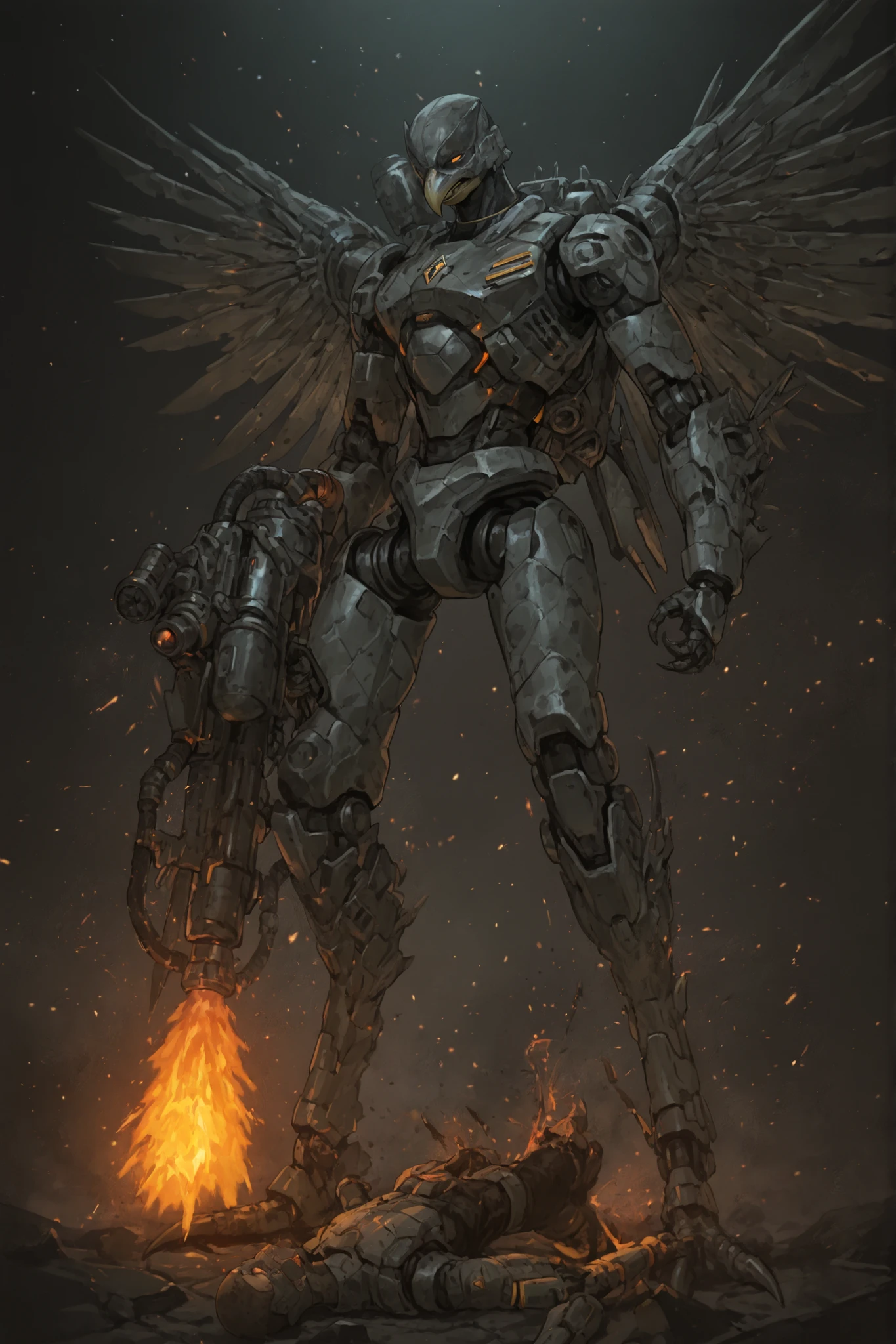 1man, human, terrifying, supervillain, robotic suit, grey armour, iron wings, iron feathers, artifical legs, large legs, reverse joints legs, cyberimplants, birdclaws legs, holding flamethrower, grey mask, beak mask, one eye covered, buzzcut, blonde hair, narrowed eye, orange eye, soars, jetpack, jets, artifical arms, best quality,