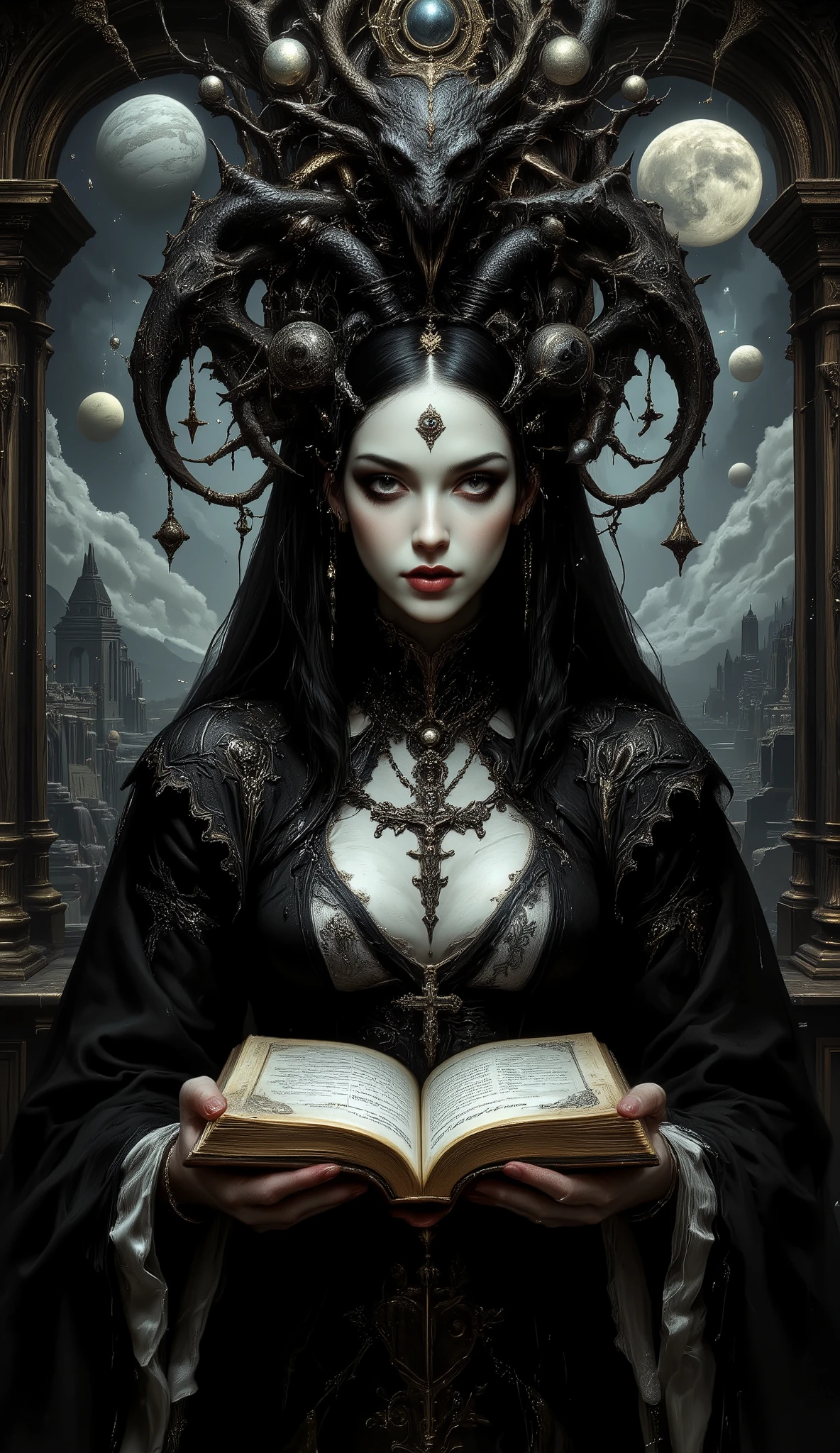 Surreal Painting, Behold! The High Priestess Enigmatic Bene Gesserit Witch of the Weirding Way : An extravagant, mysterious female figure dressed in intricately embroidered black and white avante garde formal rococo clothing that fits her form perfectly , A jeweled rosary necklace with a large crucifix rests on her shoulder,Allusions to a historical or religious background or past lives, her hands are tightly gripping a very ancient illuminated book of Alchemy glowing with ancient magics and Angelic Enochian magic, with arcane graphs and suggesting studiousness and contemplation, A number of abstract shapes and dragon heads, cyclops things and creatures of myth blend seamlessly around the mysterious figure's head,Set against a vivid , an alien cosmic montage of strange vistas of backdrop, Jagged iridescent geometric shapes, The background features celestial bodies such as planets and moons,Above these shapes are disarticulated eyes,Adding to the dreamy, mysterious atmosphere, The scene is set in a dark, expansive temple open to the sky, Suggesting a journey through time and space, The contrast of light and shadow, Fantastic Mood, A visually appealing piece, Deep symbolism, Various interpretations.