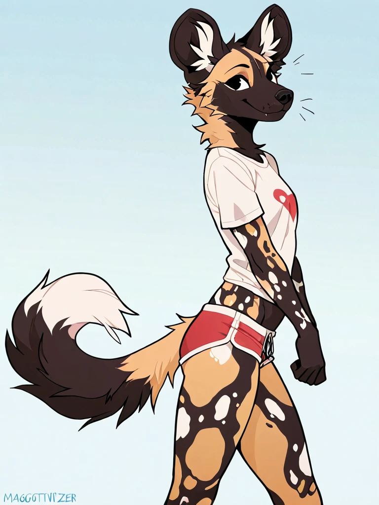 ((SFW)) ((Short)) ((Small)) ((18 year old, cute, furry, Australian Shepherd dog boy femboy wearing black panties and black thigh-high socks, best quality)) ((back facing viewer))