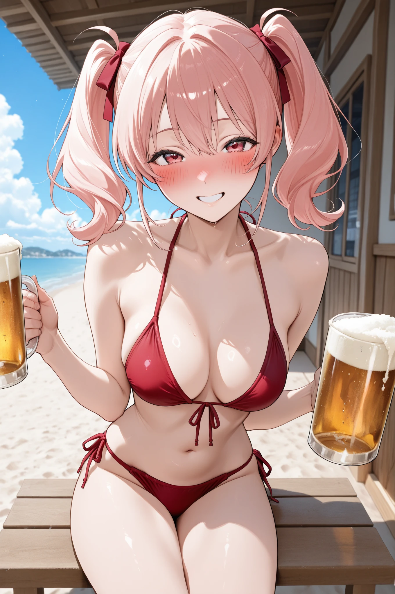 side tie panties,blush, full-face blush,masterpiece, highest quality, (anime screencap:1.3),(shape), cute,(simple:1), (anime:1.2),Solo Sharp Focus, 1 girl, cleavage,looking at the viewer, nighttime pools,Are standing,,(NSFW:1.2),bikini,pastel colour,beautiful hair,Horizontal stripes,heart shaped pupils,plaid pattern bra, plaid pattern panties,(holding a beer mug1.1),one eye closed,Happy smile,maid bikini,large breasts,twintails hair,high resolution,Maid Bikini,