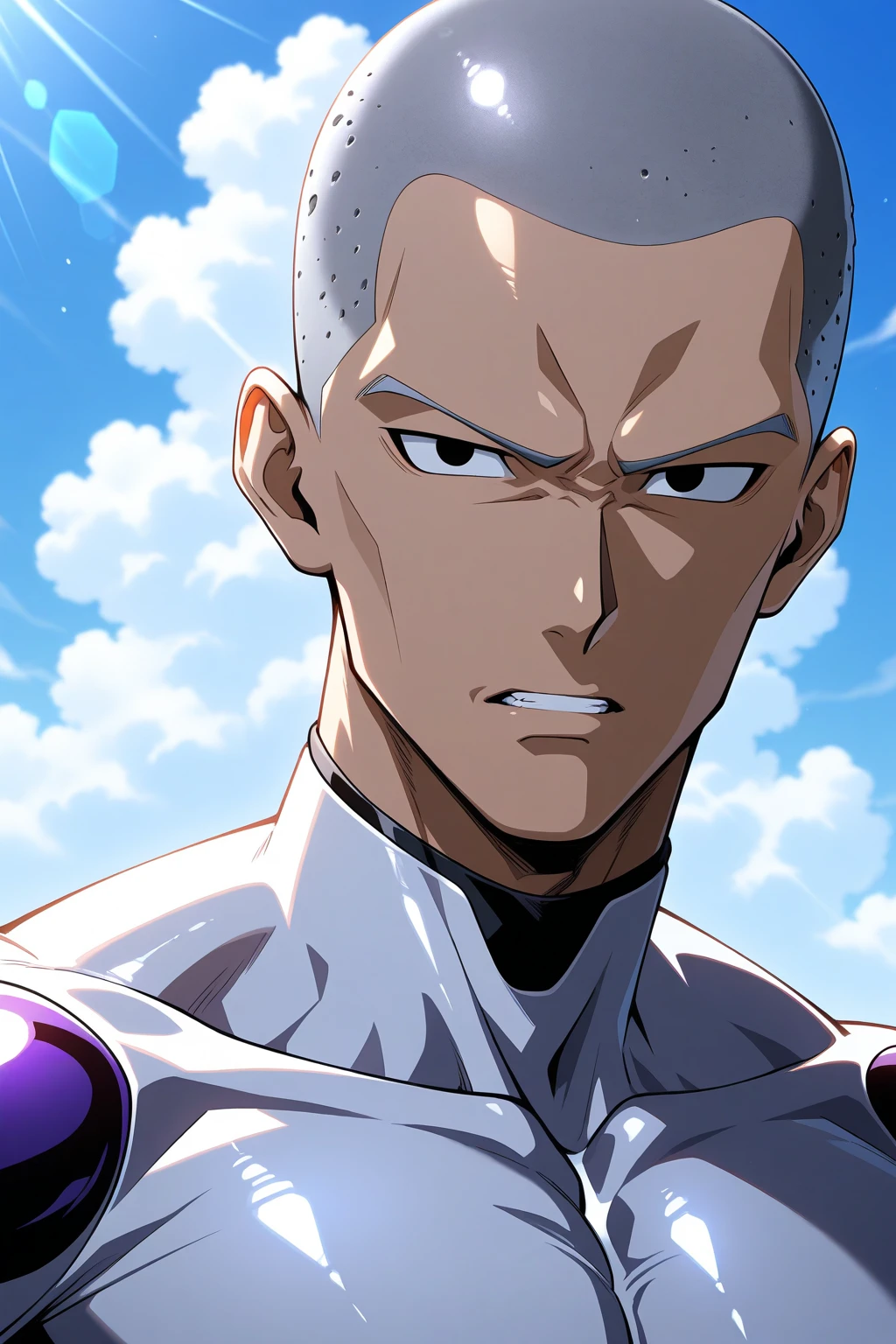 Night, the background is the starry sky universe, absurd resolution, high resolution, (masterpiece: 1.4), hyper detail, 1boy, mature man, one-punch man, Saitama, grim expression