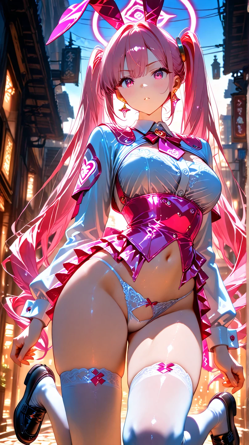 (masterpiece:1.5), (bestquality), (highlydetailed), (ultra-detailed), (1girl:1.2), ((sexy slim hourglass figure)), (coral hair), ((pink hair highlights)), ((pink fox ears)), ((long spacebun hair)), (wavy hair), (shiny hair), ((huge breasts)), (dick in between breasts), (holding breasts), pov from above, close up perspective, ((good composition))