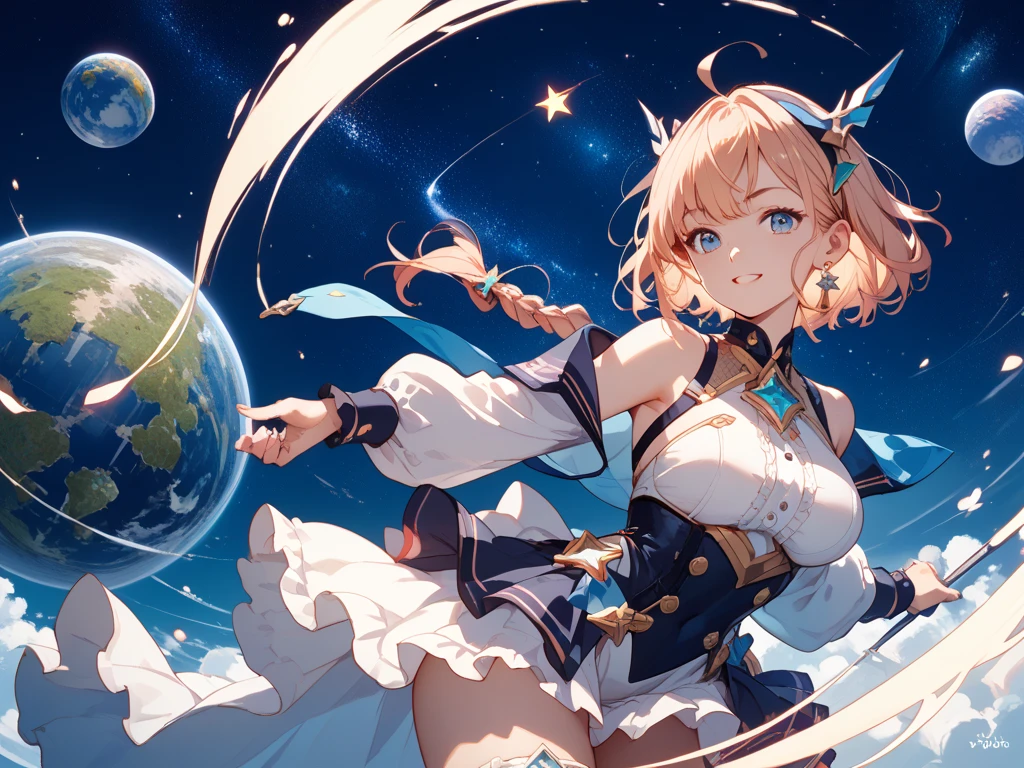 Absurd resolution, high resolution, (masterpiece: 1.4), super detailed, girl alone, from above, fantastic space, floating, blonde, petite, short hair, long boots, white and blue costume, gloves that are up to the elbows