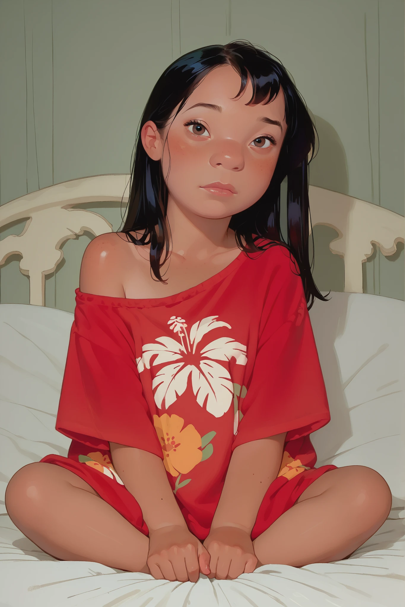 Lilo pelekai from disney movie, brown hawaiian skin, long black hair, short stature, elementarystudent, child body, soft body, sitting on a bed in an oversized red shirt, one side slipping off her shoulder, revealing her chest partially, looking straight into the camera with a teasing gaze, soft natural light, sensual pose, intimate mood