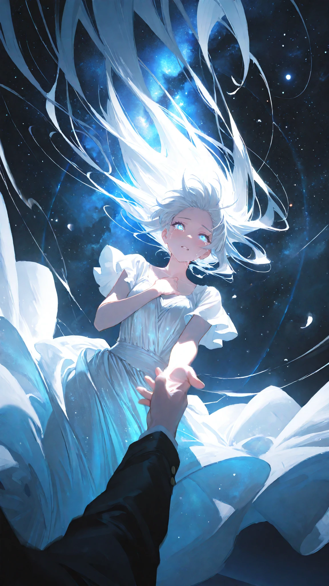 Girl portrait, a painting of a young woman holding a compact powder in both hands, that has a blizzard coming out of it. She has wild, silver-white hair that is being ruffled by the wind. She is wearing a simple black dress that is blowing in the winds. The woman's eyes are also silvery and her skin is pale sickly blue.  She is in frontal view, and holding a compact powder in both hands. With a blizzard coming out of the compact powder. Art by Albert Eckhout enchanting, full color. highly detailed beautiful face, soul, digital illustration, approaching perfection, dynamic, highly detailed, watercolor painting, artstation, concept art, smooth, sharp focus, illustration in the style of artists like Russ Mills, Sakimichan, Wlop, Lois, Art Germ, Darek Zabrocki, and Jean-Baptiste Monge, ultra HD masterpiece, award winning work. Good hands, no distortion, no extra fingers
