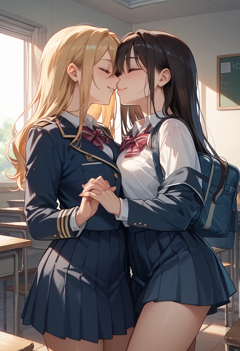2 girls, (two girls changing clothes:1.2)、locker room、evening、hug each other、((kiss:1.1))、 highest quality, High resolution, masterpiece、smile、(2 girls),(beautiful eyes、depicted in detail、pay close attention to detail、masterpieceサイドライト、masterpiece、highest quality、get used to it、High resolutionのイラスト),delicate makeup、soft focus ground bokeh、(highest qualityのイラスト:1.2),school uniform, (black socks:1.4),navy blue blazer、white shirt、blue ribbon、gray knee-length pleated skirt
