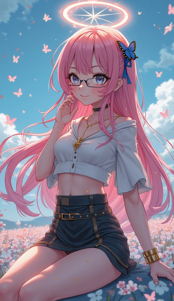 小さなgirl、Glasses、petal、Thick thighs、Big Ass、 (alone:1.5,)Very detailed,Bright colors, Very beautiful detailed anime faces and eyes, Look straight ahead, Shiny_skin,girl,(((long hair、Rainbow Hair, Colorful Hair, Half red、Half pink hair: 1.2))) 、Forehead is exposed.、Shiny hair, Delicate beautiful face, blush、(Turquoise Eyes), White skin, Valletta, Earrings,、blue flower field、(((See-through、Pink frilled dress with star pattern、、Black long skirt)))、Twin tails、smile、smile、Face dyed red、Strong winds