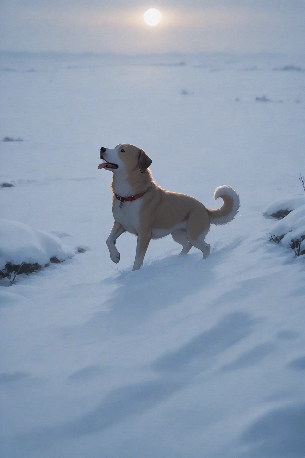 (nude) male furry red dog with red dog penis, full body, standing in a deserted snowy landscape