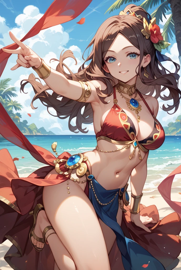 masterpiece, best quality, beautiful art, high resolution, well formed hands, body and fingers, 1 woman, solo, Xiangling, wearing a slave Leia outfit, adult, big breasted, cleavage, full body, sexy and skimpy outfit , gorgeous legs and thighs , she is fighting in a combat match, showing her fighting skills, making her guard, about to hit the viewer, looking at the viewer, sweating, bouncing breasts, smiling joyfully and brightly, being confident and proud, action and fighting scene, martial arts tournament with beach environment 