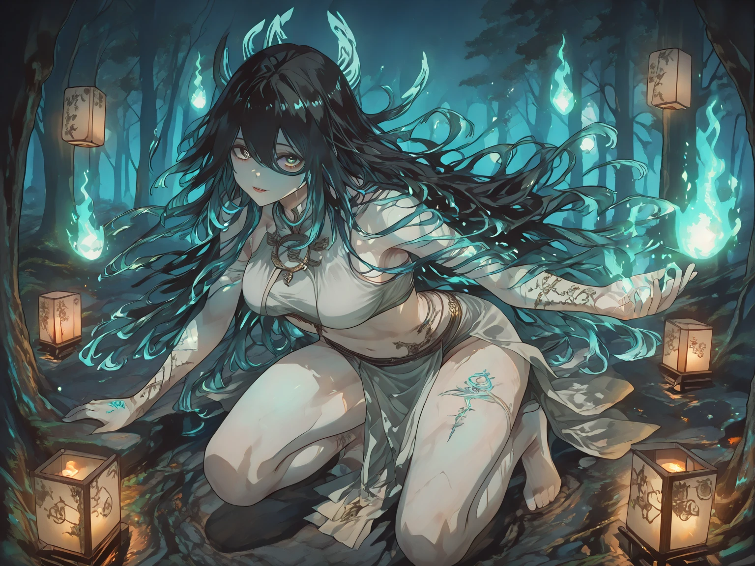 a girl, (((slim))), (((flat chest))), (((pale skin))), (((dark blue hair))), (((dark blue hair))), (((dark blue hair))), (((silver eyes))), ((silver eyes)), (gray eyes), pointed ears, (((Wearing only a white bandage))), (skin shiny), ((body covered with white bandage)), (Transparent white bandage), Spooky dark forest background, dead tree in background, dead bush, thorns, blue flame glows coldly, (((very flat chest))), (slender figure), ((transparent bandages over flat chest)), (((at night))), (((the darkness behind her))), (((She holds a blue flame in her hand))), magic, fantasy