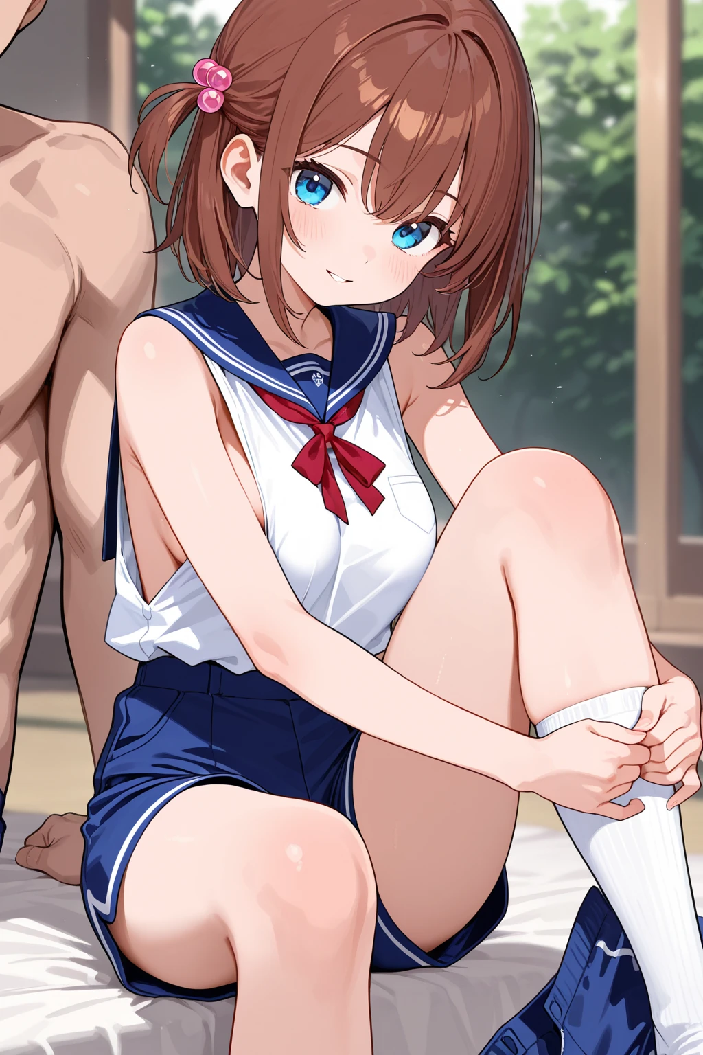 (((Card Captor Sakura))), Short Hair, (Navy blue school swimsuit:1.79), (14-year-old female junior high school student:1.47), The swimsuit is in close contact with the skin, (blush patience), ((Slender figure Beautiful Skin)), Highest quality, High resolution, masterpiece, (Beautiful vagina Beautiful clitoris), (With a 30-year-old mafia man, penis:1.4), Complete limbs, (Mating press:1.1), 1 Beautiful Girl, ((((penisが膣に入る)))), Spread your legs, ((Binding, Restrained by rope:1.1)), Dressed intercourse, (((Such a cute little face))), The fabric of the swimsuit is thin