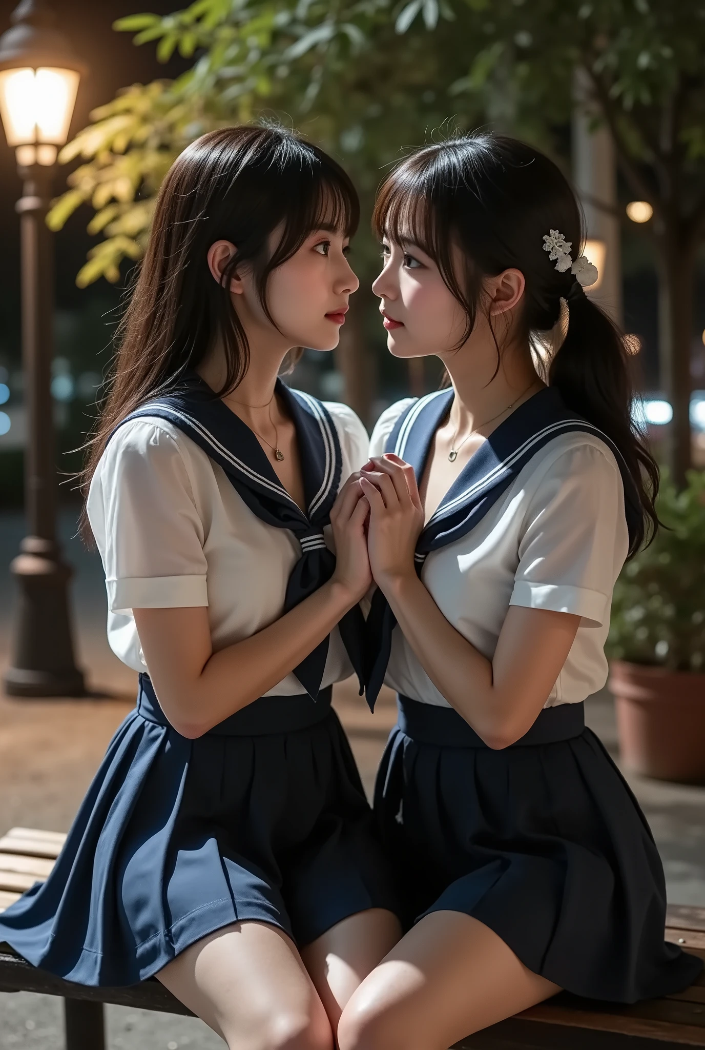 (masterpiece, best quality), perfect anatomy, perfect hands, two school girls are deeply in love with each other, romantic atmosphere, moon
