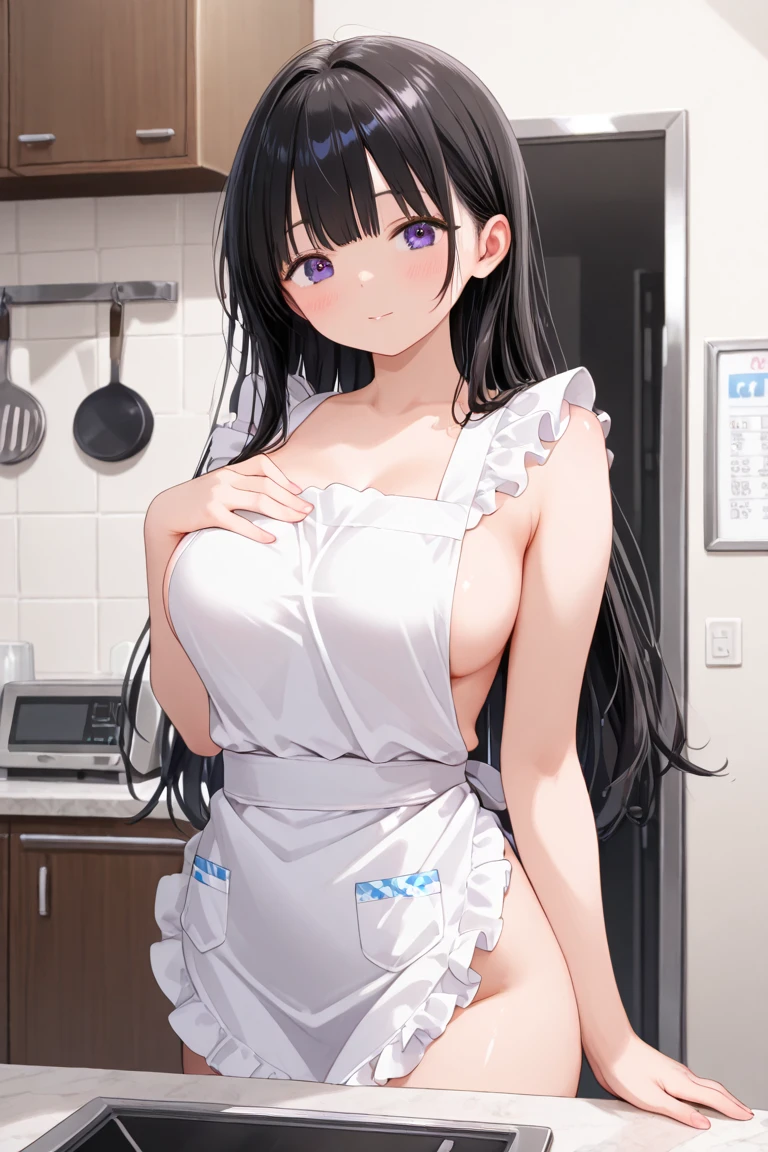 masterpiece, best quality, ultra-detailed, nsfw, apron on naked body, sexy, large breast, black hair, white apron, Kitchen, Detailed body with large breasts, no bra