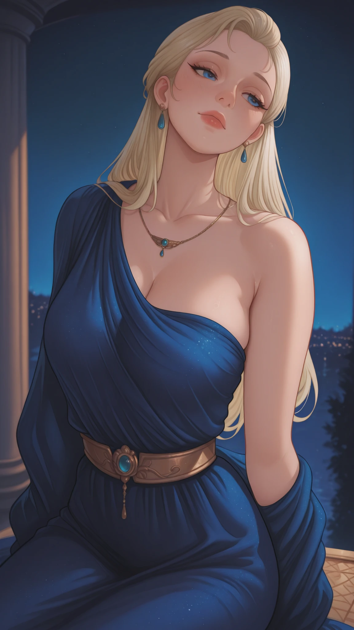 best quality, glossy, 4k, ((artwork)), extremely detailed, 8k, tall woman, long blonde hair, dreadlocked hair, blue eyes, beautiful, photogenic image, Greek dress, big breasts, full breasts, in a museum, people in the background, large wide hips