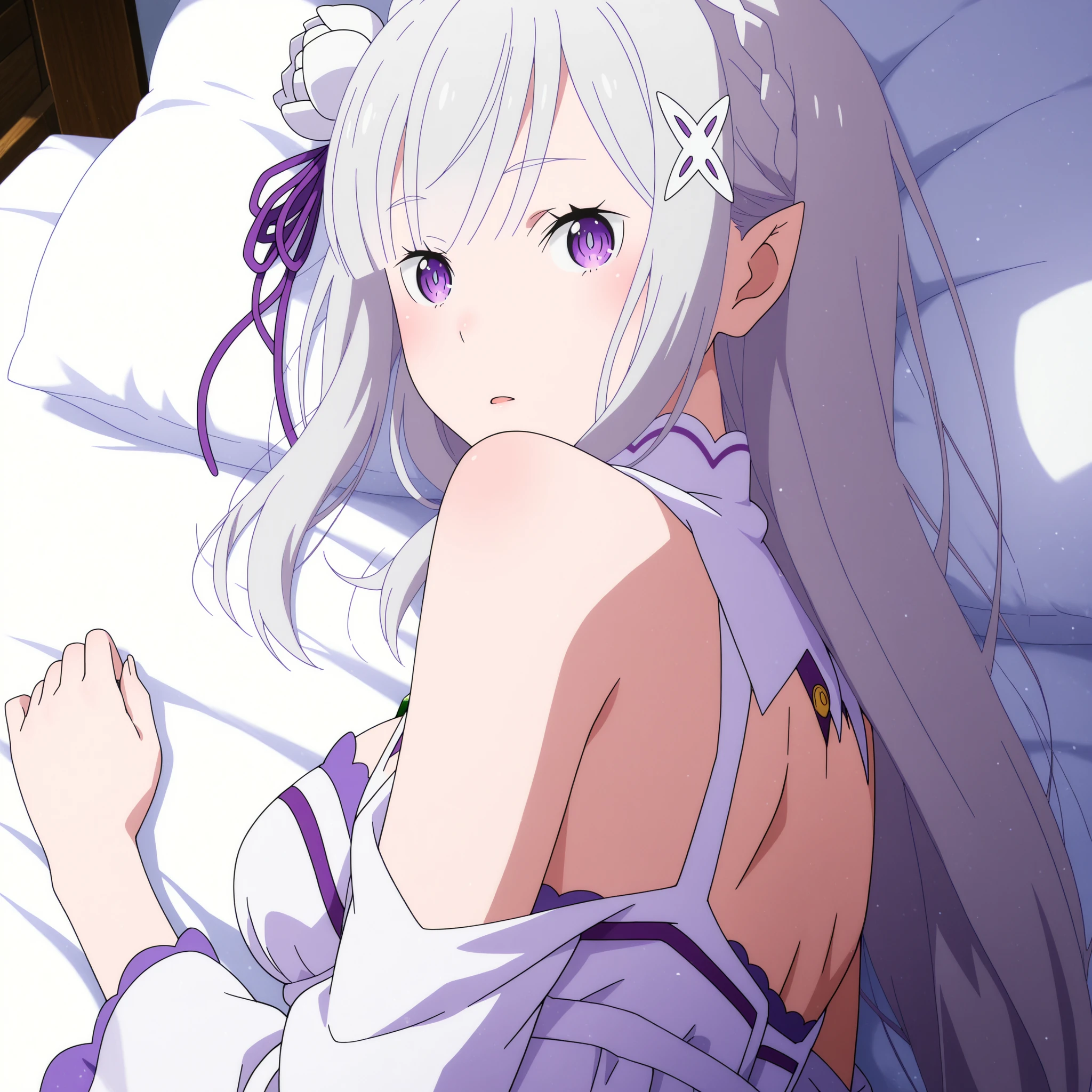 score_9, score_8_up, score_7_up, source_anime, rating_explicit,
BREAK
1girl, solo, 
<lora:shiEmiliaV2:1> shimilia, long hair, grey hair, purple eyes, pointy ears, crown braid, hair flower, hair ribbon, purple ribbon, x hair ornament, white dress, cleavage, bare shoulders, white thighhighs, 
<lora:shiBreastSqueezeV1:1>,shibreastsqueeze, 
blush, looking at viewer, smug, seductive smile,