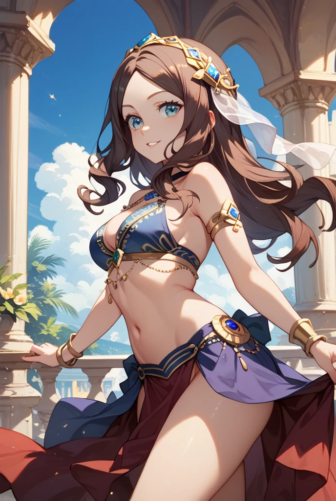 score_9_up, score_8_up, score_7_up, 1girl, solo, source_anime, hourglass figure, Big breasts, kemonomimi, bear ears, brown hair, short hair, messy_hair, blue eyes BREAK freckles, dancing, bare shoulders, strapless, croostop, standing, seductive smile, belly dancer outfit, exposed navel, pelvic curtain, arms up, hands behind head, outdoors, bracelet, jewerly, closed mouth, balcony, arabian town, looking at viewer, night sky, starry sky 