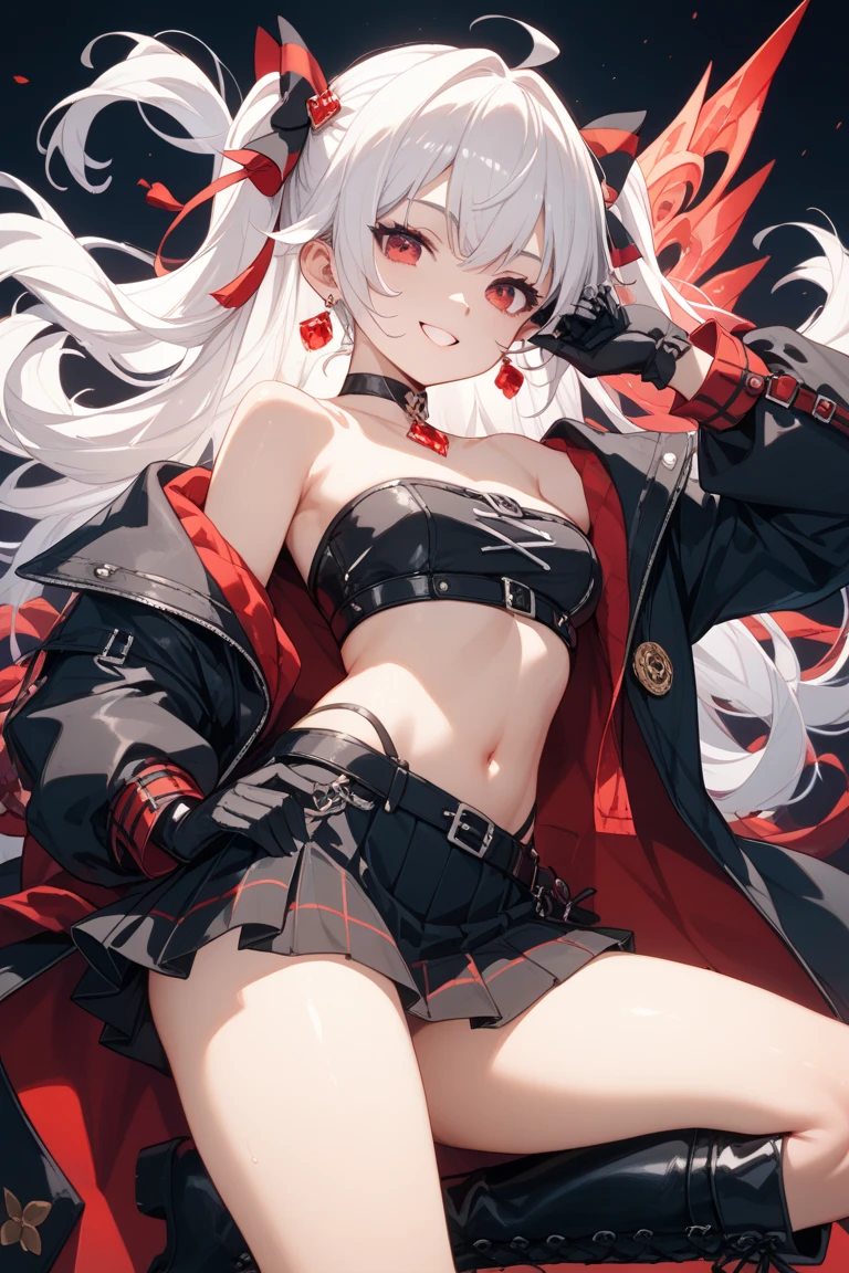 Two girls with long silver hair, twins, red eyes, big breasts, slim body, cool, police officer, black mini quilt skirt