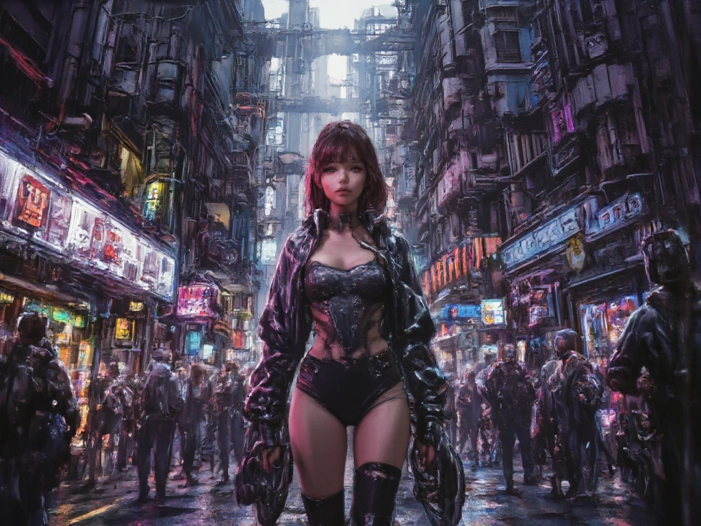 8K, Realistic Skin Texture, Realistic Photo, Neo Tokyo, 1 slim western women, solo, large-breast:1.4 cleavage:1.3, AD2050 at night, wearing tube top, miniskirt, (((black sunglasses, automatic rifle, sneakers, cold, standing and shooting pose))), (((((((half-body (thigh level) medium shot))))))), innovative composition, revenge, blurry aerial view of cyberpunk city, blade runner worldview, large neon sign, Geisha hologram sign, strong Wakamoto Sign.