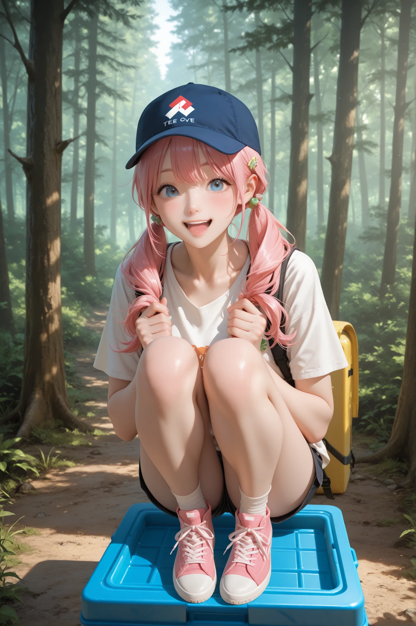 masterpiece, high quality, beautiful, Shining, clear, white skin, (white and pink mixed hair:1.2), upper body, ((29 years old)), cute sexy face, (Bangs trimmed above the eyebrows), (short sleeve hoody:1.3), smile:1.4, Sparkling light green eyes, short silky bangs, (pixie hair:1.4), Shining hair, sitting on street, (blue sky:1.4), sunshine, ((smile:1.3)),