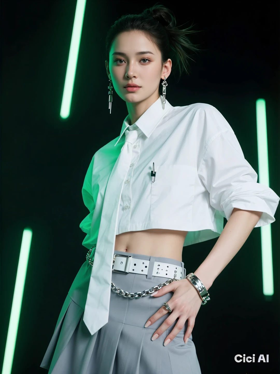 The Cosmic Shadow Outfit
Fabric: Iridescent black fabric that shifts colors under different lighting.
Design: A two-piece outfit with a cropped top featuring structured shoulders and a high-waisted, wide-leg pant. The pants have a long, flowing train attached to the waistband.
Details: The top is embellished with dark silver studs and the train has faint, dark red embroidery of ancient Sith symbols.