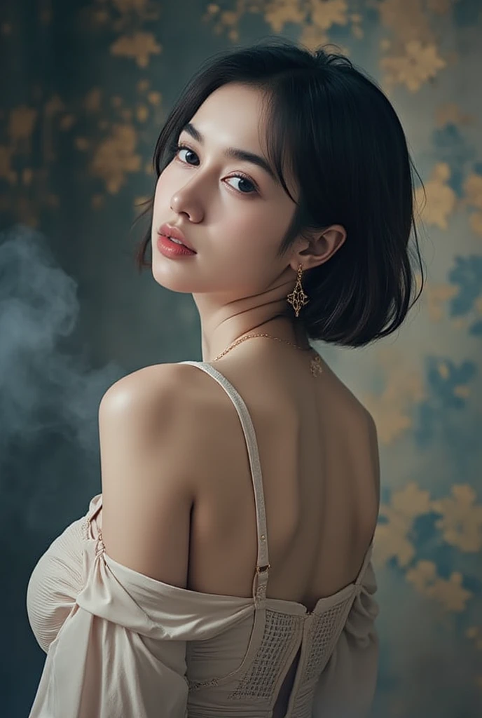Best quality, masterpiece, ultra high res, (photorealistic:1.5), raw photo, 1girl, offshoulder, in the dark, deep shadow, low key, cold light, sexy look, short hair