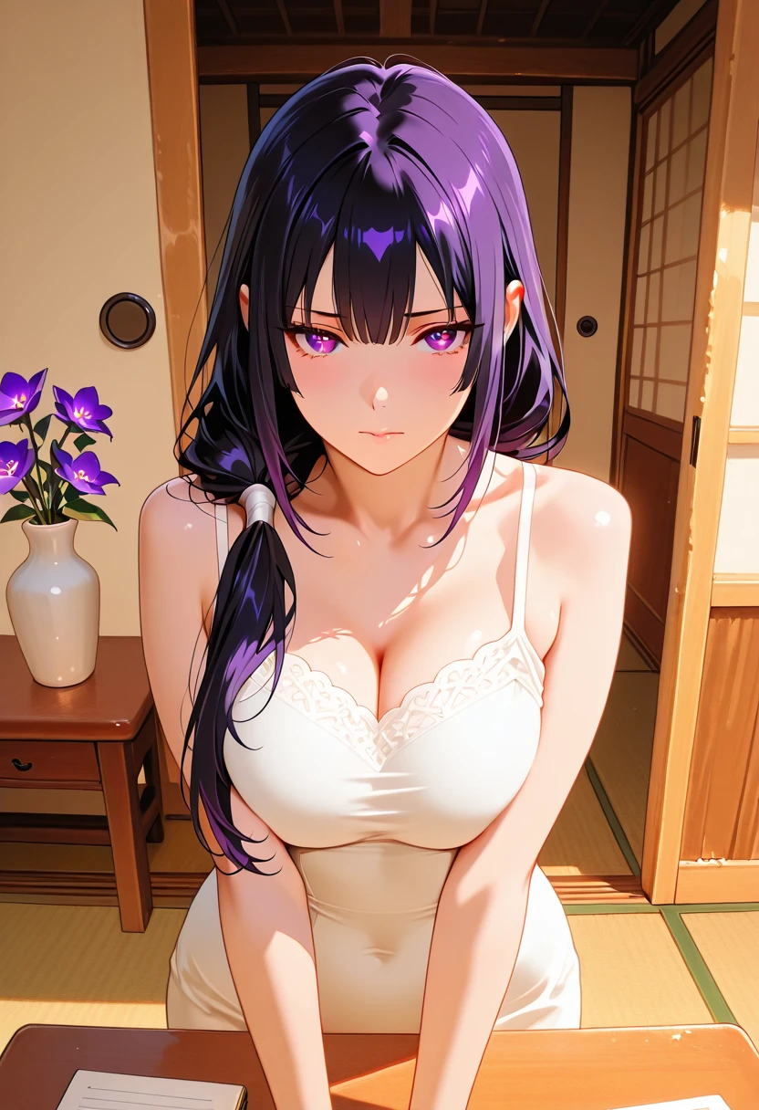 closed eyes: (narrowed eyes:1.3):11、(on stomach:1.5),lying down , , Realistic, real person, (pale skin: 1.2), RAW photo, photorealistic, shiny skin, shiny hair、 (A 25-year-old woman with straight hair and bangs) and (medium hair) and (black hair) and (purple eyes) , (purple:1.5) and (yukata)、Cleavage、 (embarrassed,blush:1.3),open mouth,The background is a futon at night、（alone:1.5）