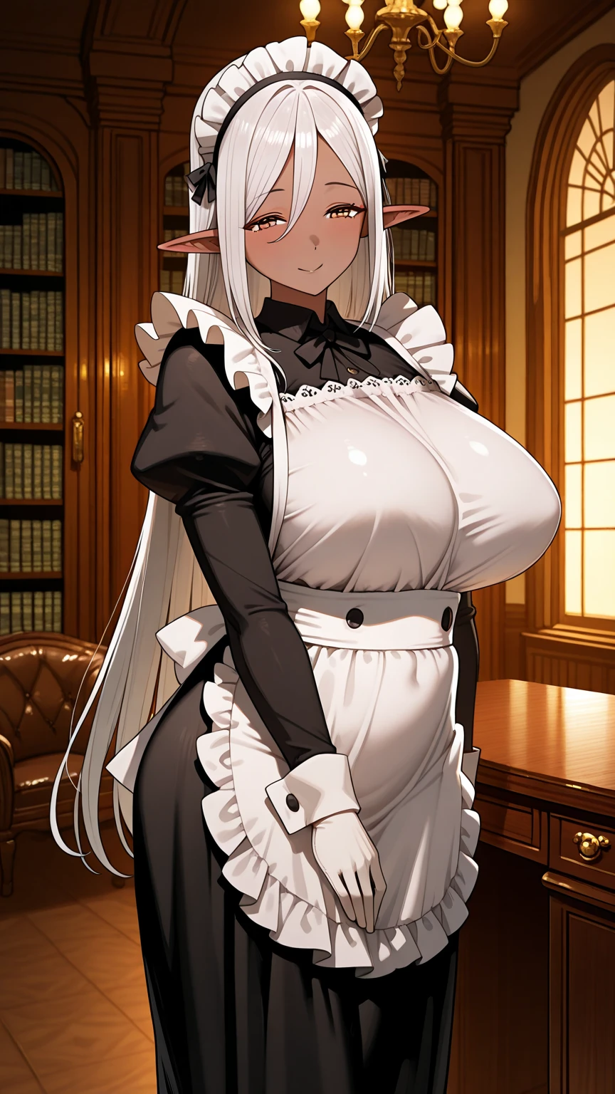 1girl with long white hair. Brown eyes, maid uniform, big breasts, big hips, disgust on face, rich living room, show nude breasts