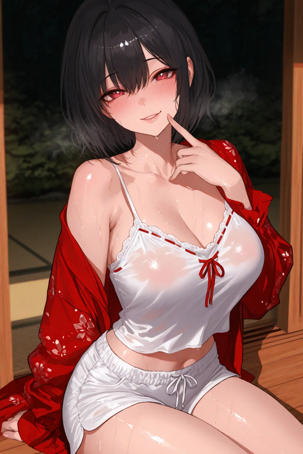 woman with short black hair, wearing a karate gi and red bra with big breasts
