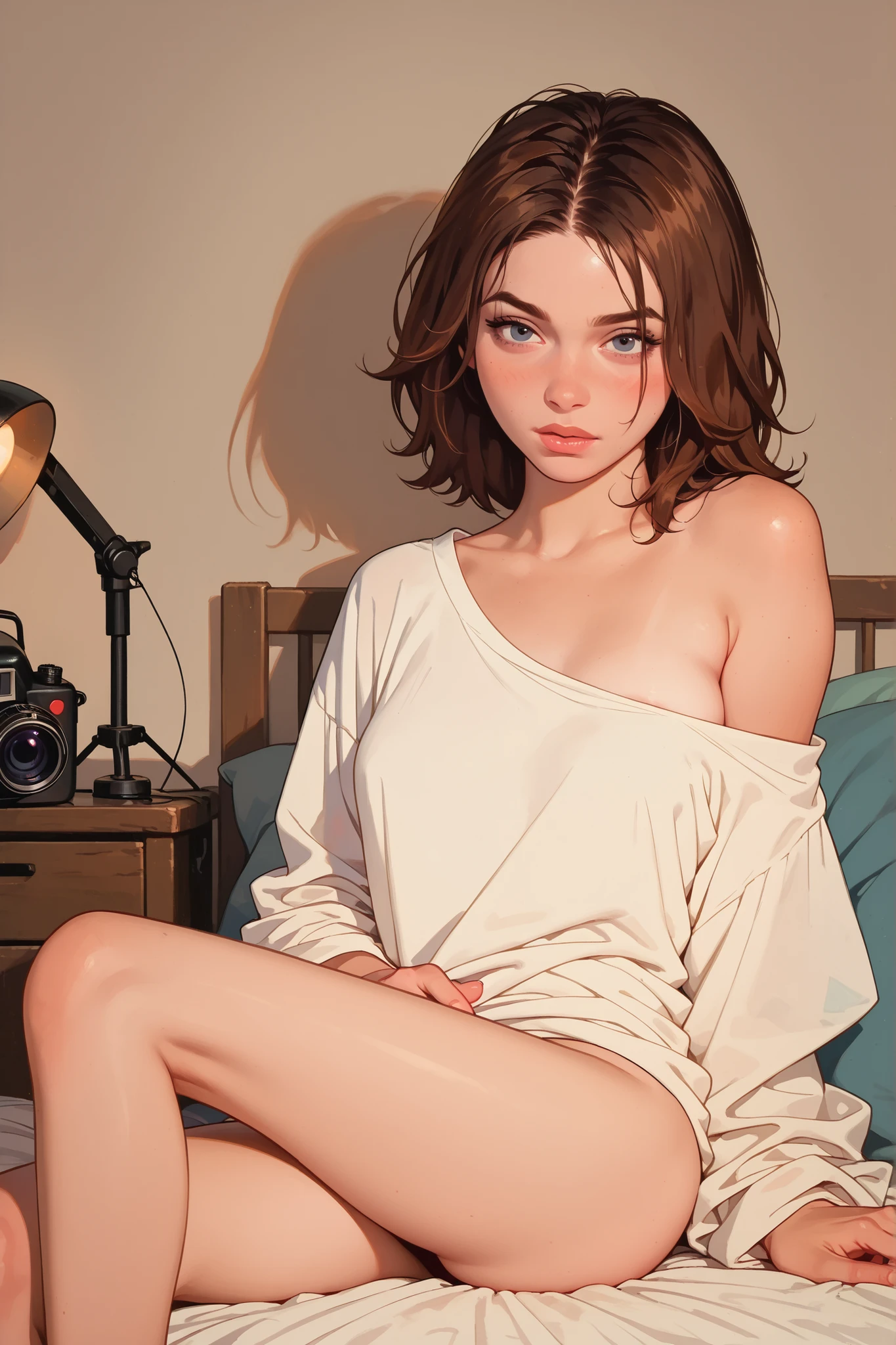 (masterpiece:1.5, best quality:1.5, absurdres), ultra-detailed, perfect anatomy, (hand reference anatomy:1), correct anatomy, 4K, 8K, realistic, detailed face, photorealistic 

beautiful woman, extremely long dark hair, fox ears, wild hair, detailed hair, sparkling yellow eyes, eyelashes, blushing, freckles, glossy lips,  parted lips, smirk, medium sized breasts, green eyes

white crop top, Naked  waist, naked, legs spread, front view, on all fours

in bed, depth of field, long shot, low viewer angle, girlfriend, full view, full body view