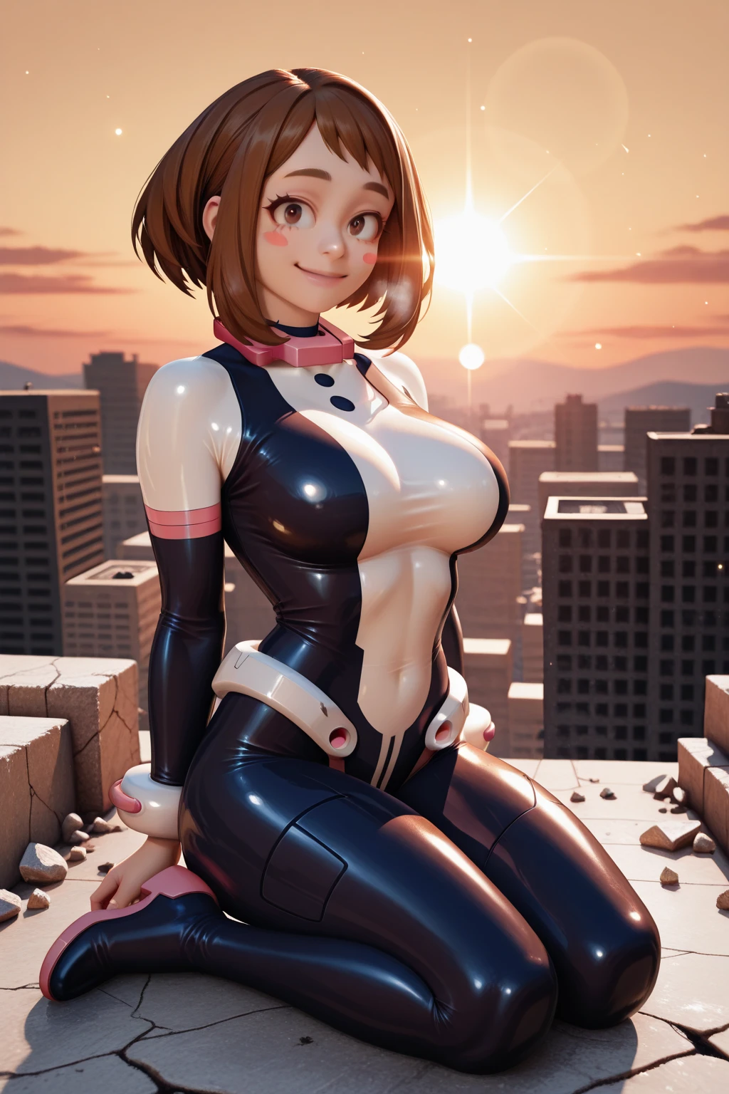 masterpiece, best quality, <lora:sdsdiane-nvwls-v1:0.9> sdsDiane, sdsDiane, orange leotard, cleavage, puffy sleeves, collarbone, single elbow glove, bare hands, orange boots, large breasts, giantess, giant, from below, looking at viewer, smile, leaning forward, sky, forced perspective, standing, close-up