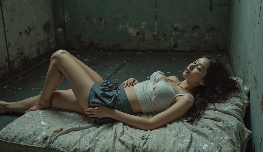 Girl in bra and tight denim panties posing for photo, full shot, Gloomy colors, lack of light, ruined area, slum, slim body, smaller bust, slim girl model, 12-year-old female model, on the floor, the floor is dusty  thick layer of dust, pink panties, Moss, dust, pink bra, too wide, patchwork underwear, wrinkled fabric, rotten, old dirty underwear, dirty skin, skin with many marks, blood on clothes, bleed, scars, dusty body, dirty body, gory, injured, tangled hair, wound, bandage, Blight, drenched, sweat, water, extremely painful, tired face, raped, unzipped jeans, tear clothes, hungry, being abused, sick and hungry, weak, diseases, Only skin and bones remain, fracture, break bones, bones protruding, torn skin, torn flesh, dying