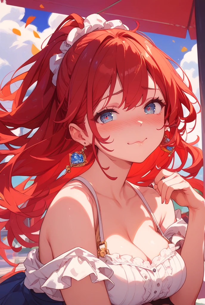 best quality,highres,ultra-detailed,desert landscape,beautiful detailed eyes,beautiful detailed lips,girl in a bikini with a skirt and underwear,extremely detailed eyes and face,long eyelashes,red hair,flowing and blowing in the wind,long hair with a tiara and hairpin,colorful sunset,soft golden light,photorealistic,bokeh.
